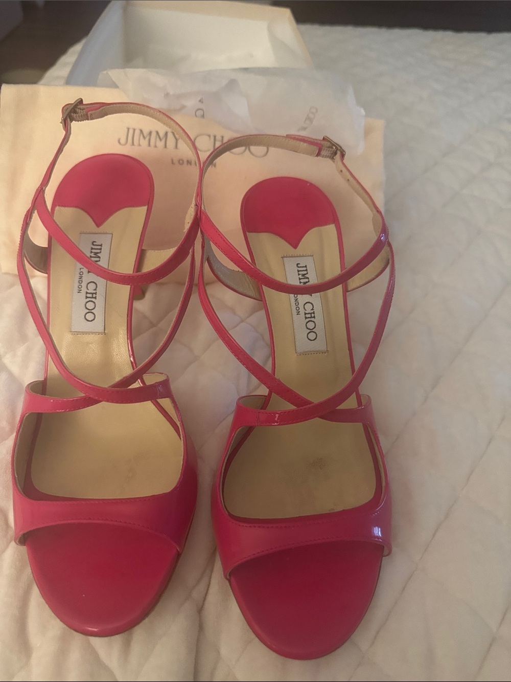Jimmy Choo Fuschia Paxton Patent Leather Strappy Heels